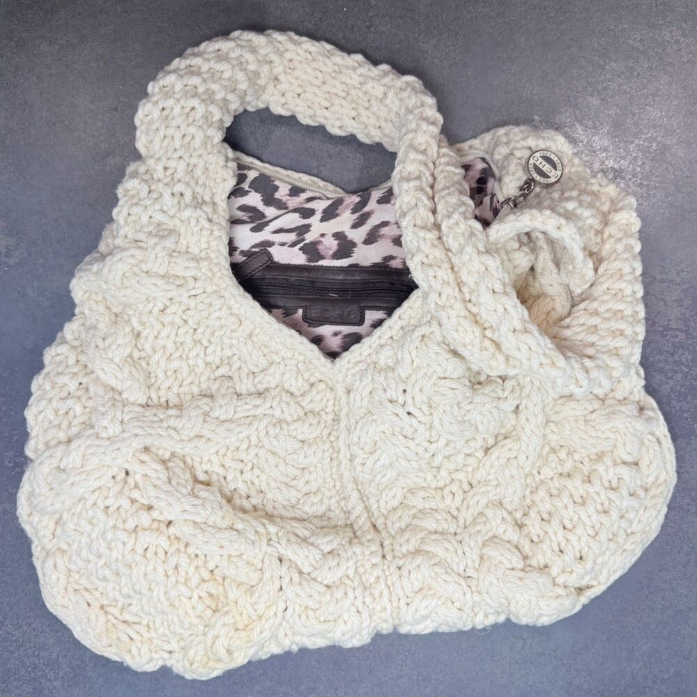 Vintage ECHO Cable Knit Hobo Bag | Cream Wool Blend Leopard Lining